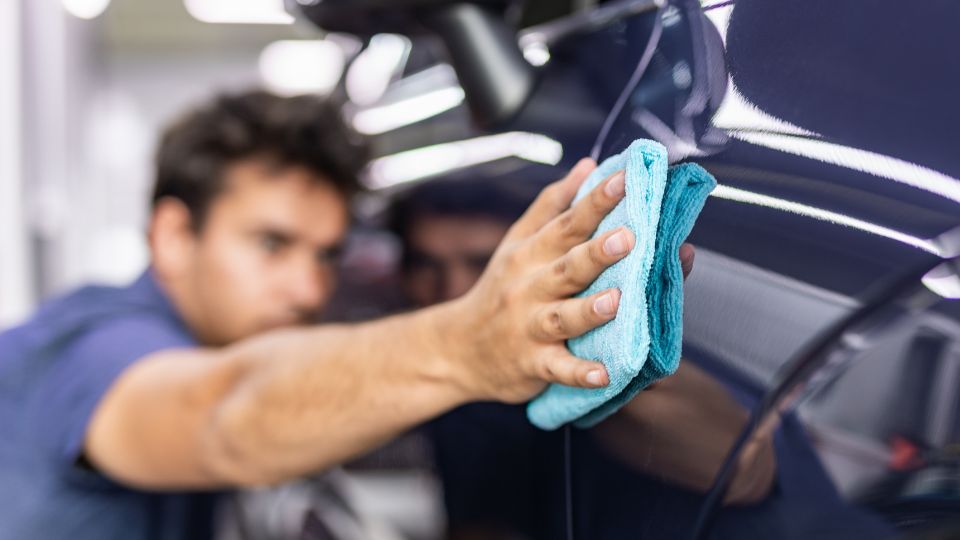 A focused individual meticulously applying a protective coating to a car's surface, highlighting the precision in choosing between ceramic coating and wax for vehicle protection.